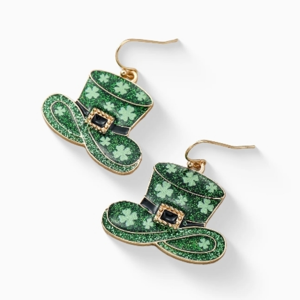 Green Shamrock Hat Dangle Earrings Hypoallergenic